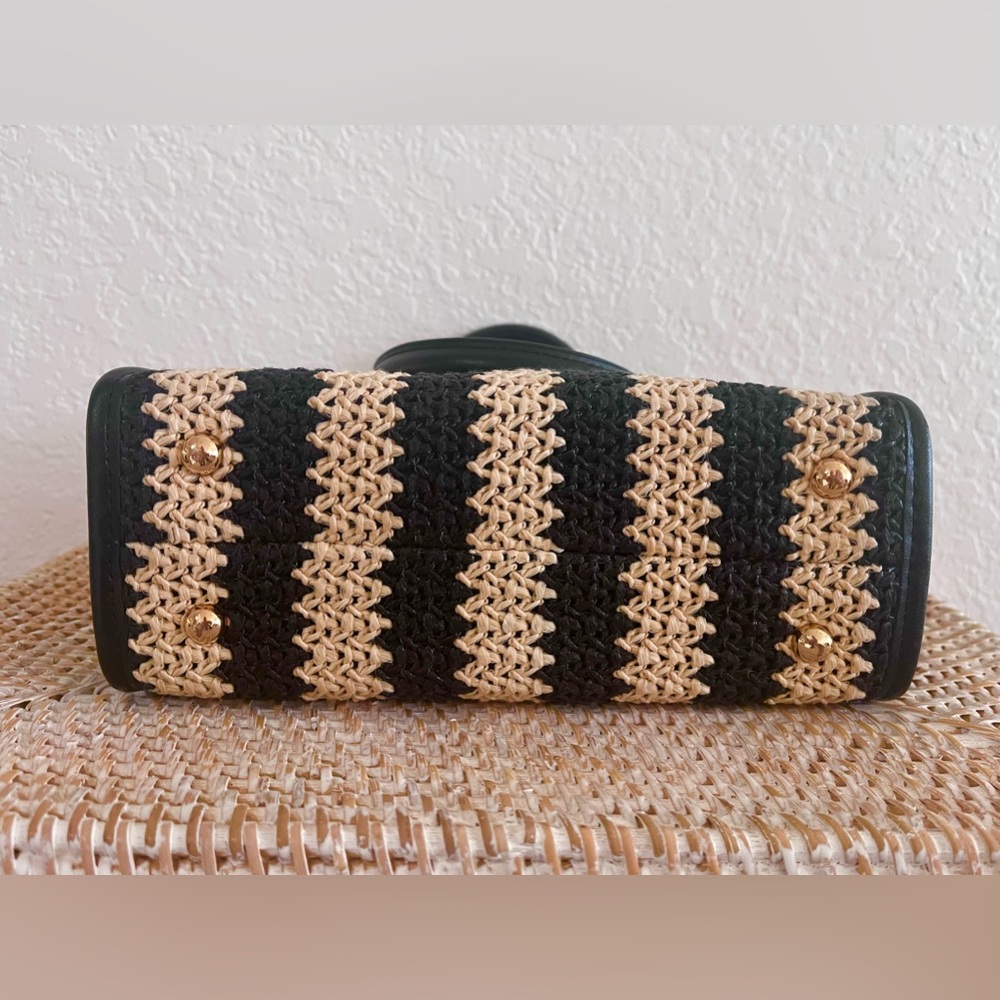 SAINT & SOFIA Mini Tote Bag Raffia Black/Tan Leather Artisan Handbag W/Strap - Picture 12 of 15